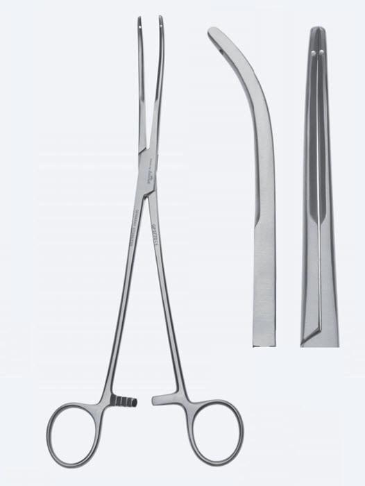 Зажими, хірургічні, для перев'язки, "Semb", вигнуті, щелепи з канавкою, з кремальєрою, 245 мм, 9 3/4". Бренд - Asanus Medizintechnik Gmb, Німеччина